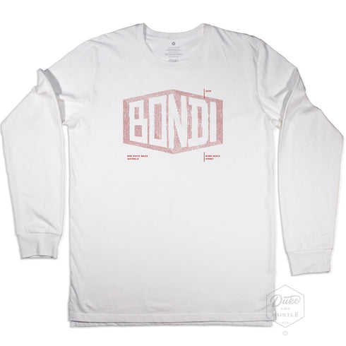 Bondi Beach Graphic Long Sleeve T Shirt on Australian Cotton, White, Front