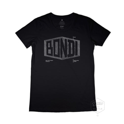 Bondi Beach Women’s Graphic T Shirt on Australian Cotton, Black, Front
