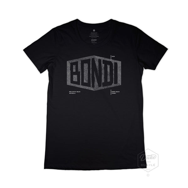 Bondi Beach Women’s Graphic T Shirt on Australian Cotton, Black, Front