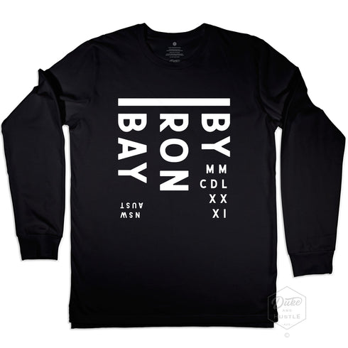 Byron Bay Long Sleeve Tee Design, Australian Cotton, Black, Front