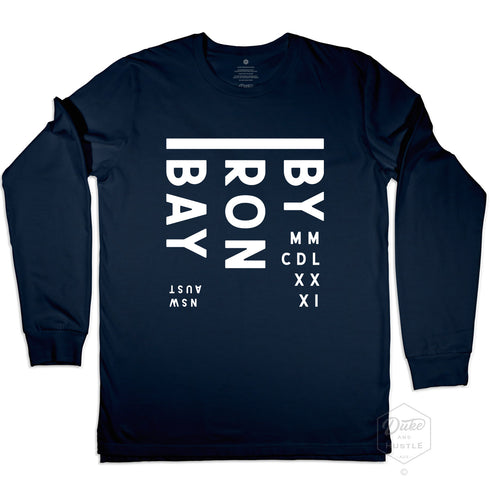 Byron Bay Long Sleeve Tee Design, Australian Cotton, Navy, Front