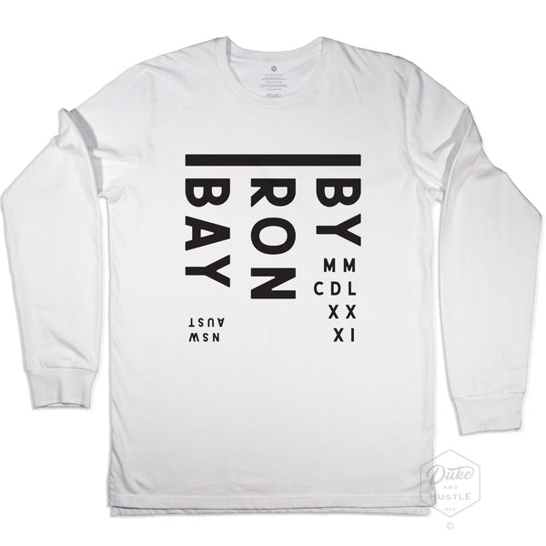 Byron Bay Long Sleeve Tee Design, Australian Cotton, White, Front