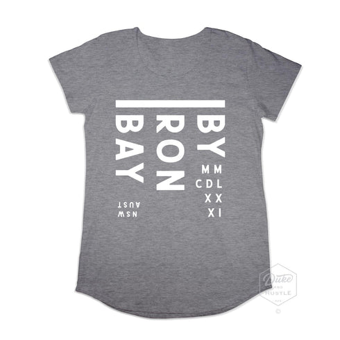 Byron Bay Women’s Graphic T Shirt on Australian Cotton, Grey-Marle, Front