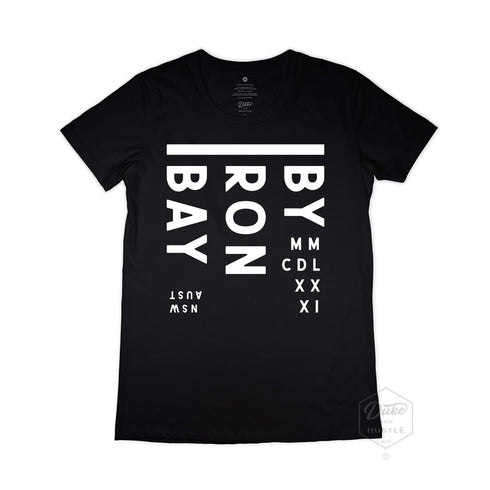 Byron Bay Women’s Graphic T Shirt on Australian Cotton, Black, Front