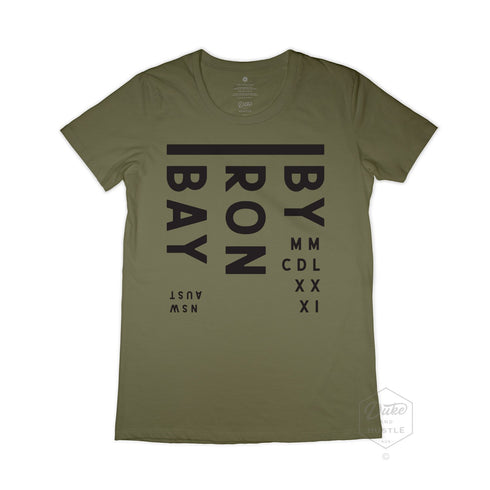 Byron Bay Women’s Graphic T Shirt on Australian Cotton, Khaki, Front