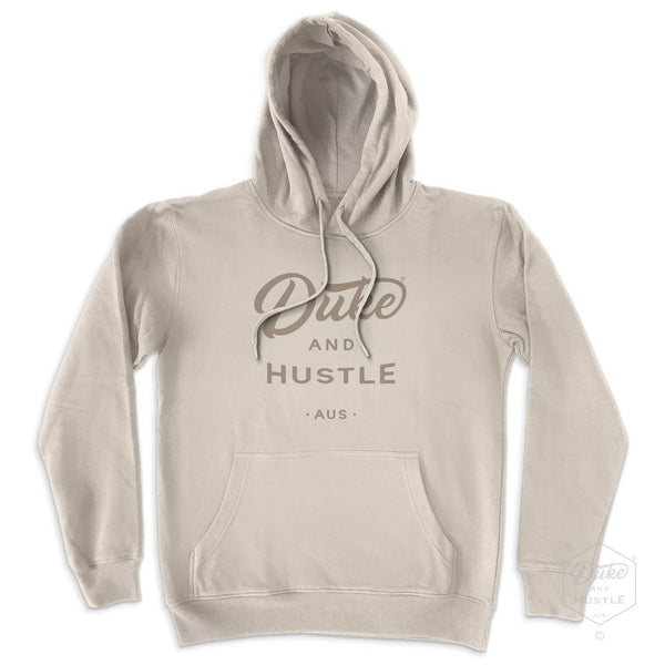 The Cool Change, Duke & Hustle logo hoodie, in Sand colour, front