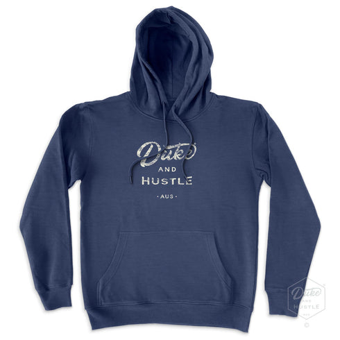 The Crack of Dawn, Duke and Hustle Logo on Diesel Blue Unisex Fleece Hoodie, front