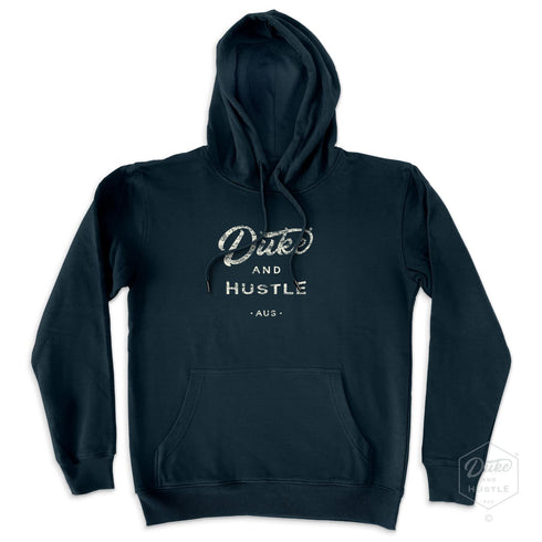 The Crack of Dawn, Duke and Hustle Logo on Navy Unisex Fleece Hoodie, front