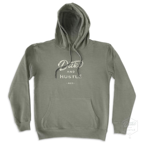 The Crack of Dawn, Duke and Hustle Logo on Sage Green Unisex Fleece Hoodie, front