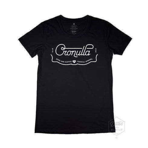 Cronulla Women’s Graphic T Shirt on Australian Cotton, Black, Front