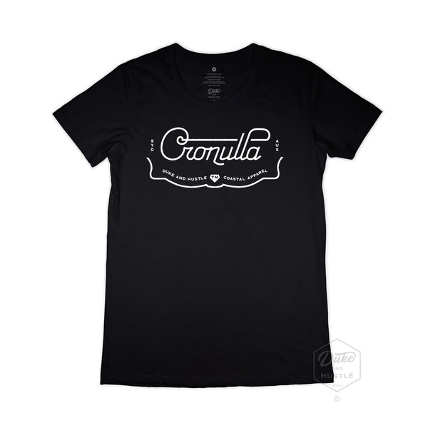 Cronulla Women’s Graphic T Shirt on Australian Cotton, Black, Front