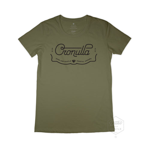 Cronulla Women’s Graphic T Shirt on Australian Cotton, Khaki, Front