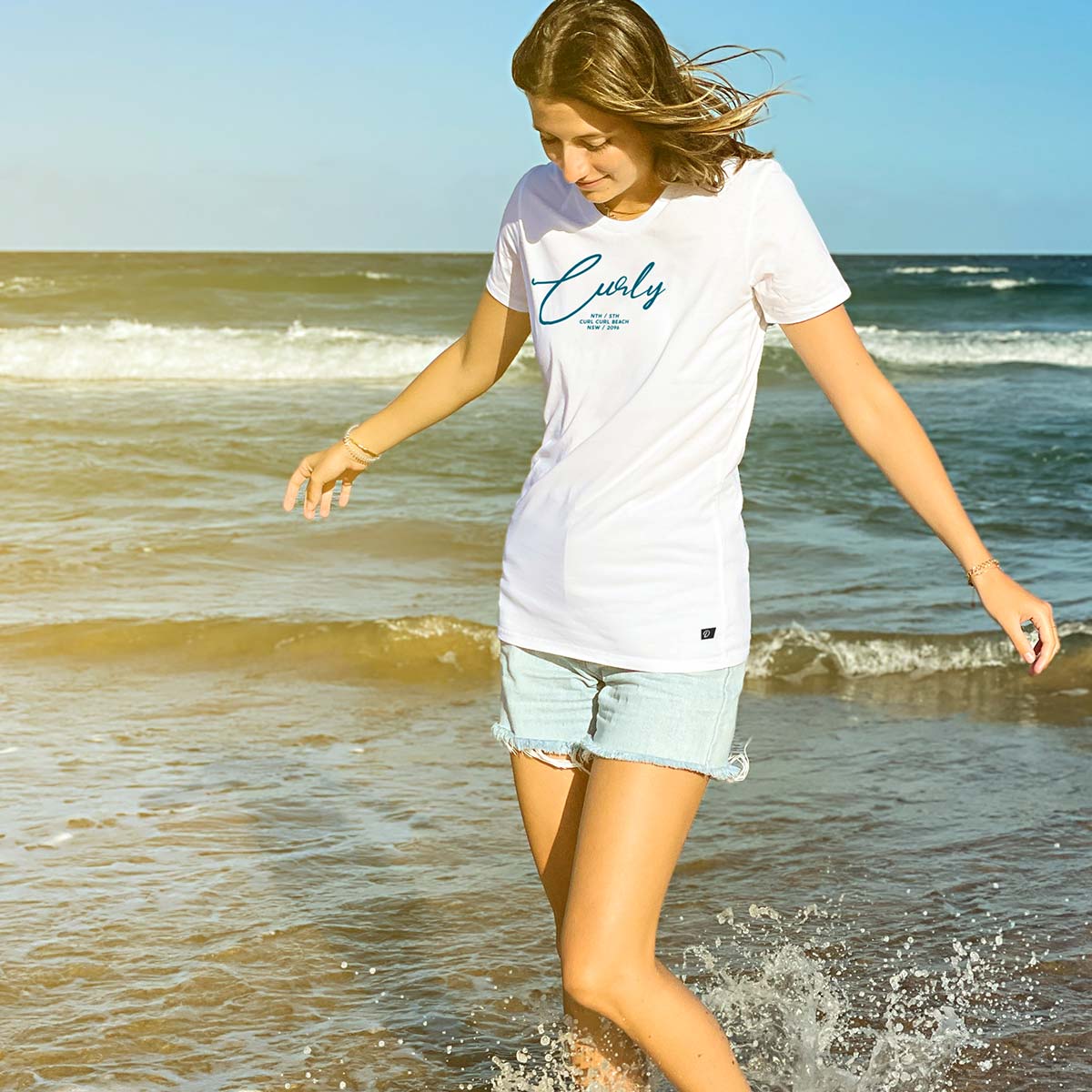 White cotton Women’s Graphic Tee, "Curly" worn by Em