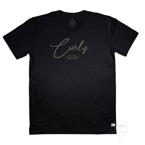 Black Classic Fit Graphic Tee, "Curly" - Curl Curl Beach design