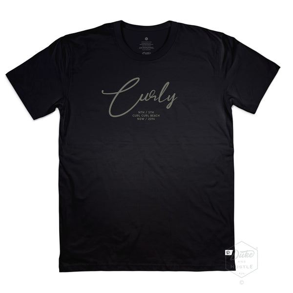 Black Classic Fit Graphic Tee, "Curly" - Curl Curl Beach design