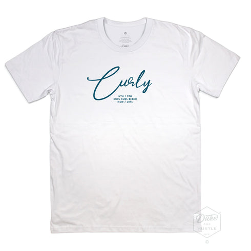 White Classic Fit Graphic Tee, "Curly" - Curl Curl Beach design