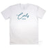 White Classic Fit Graphic Tee, "Curly" - Curl Curl Beach design
