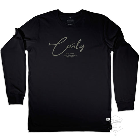 Black Long Sleeve Graphic Tee, "Curly" - Curl Curl Beach design
