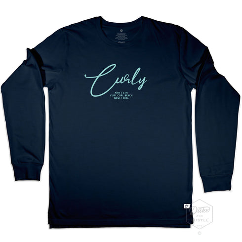 Navy Long Sleeve Graphic Tee, "Curly" - Curl Curl Beach design