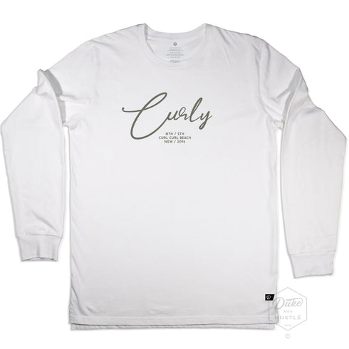 White Long Sleeve Graphic Tee, "Curly" - Curl Curl Beach design