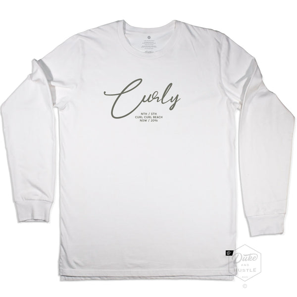 White Long Sleeve Graphic Tee, "Curly" - Curl Curl Beach design
