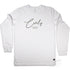 White Long Sleeve Graphic Tee, "Curly" - Curl Curl Beach design