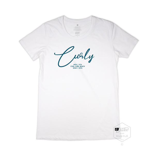 White cotton Women’s Slim Fit Graphic Tee, "Curly" - Curl Curl Beach design
