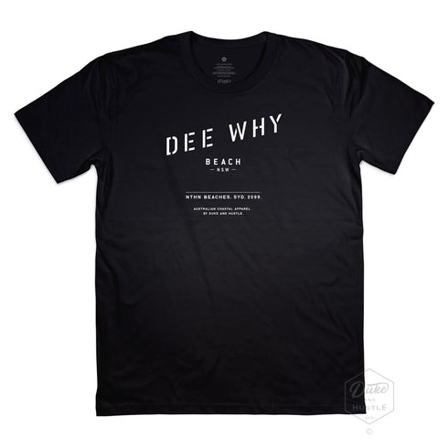 Dee Why Beach Men’s Graphic printed T Shirt on Australian Cotton, Black, Front