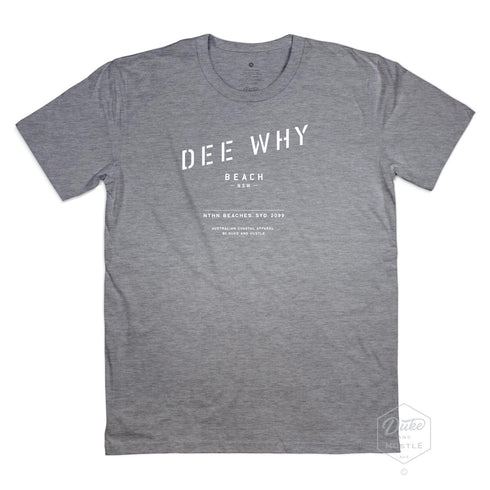 Dee Why Beach Men’s Graphic printed T Shirt on Australian Cotton, Grey Marle, Front