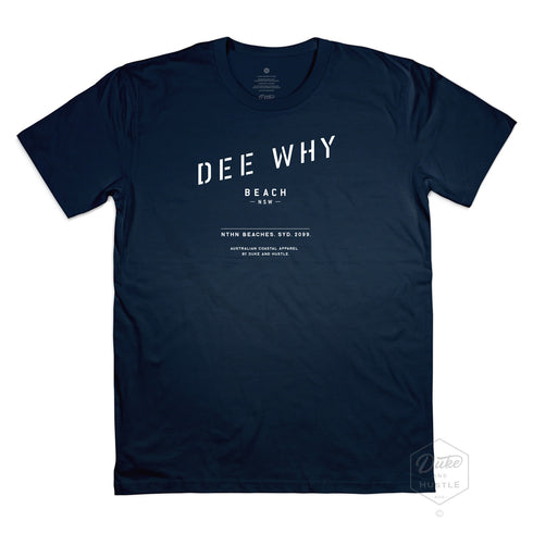 Dee Why Beach Men’s Graphic printed T Shirt on Australian Cotton, Navy, Front