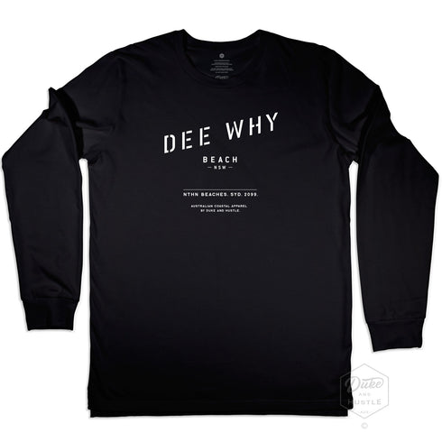 Dee Why Beach printed Long Sleeve T Shirt on Australian Cotton, Black, Front