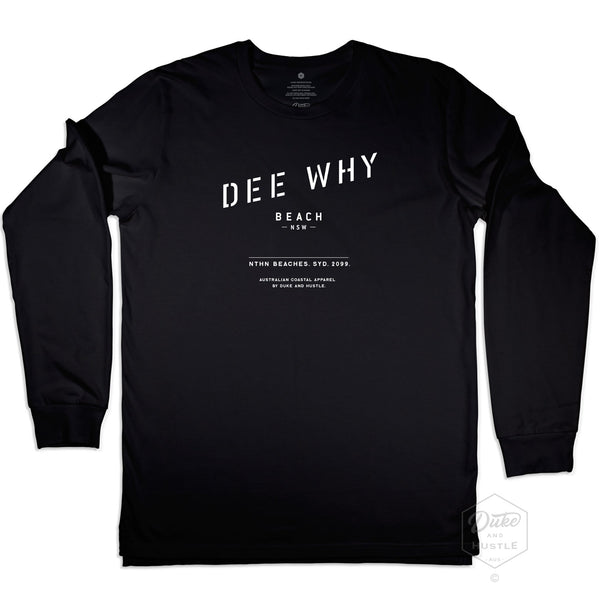 Dee Why Beach printed Long Sleeve T Shirt on Australian Cotton, Black, Front