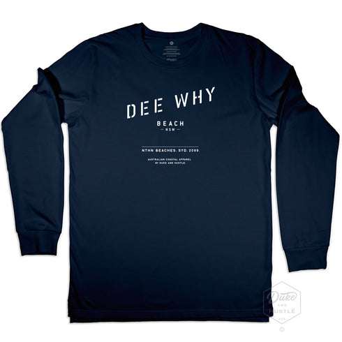 Dee Why Beach printed Long Sleeve T Shirt on Australian Cotton, Navy, Front