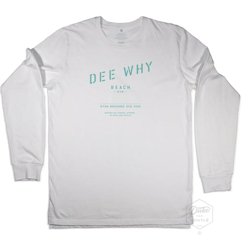 Dee Why Beach printed Long Sleeve T Shirt on Australian Cotton, White, Front