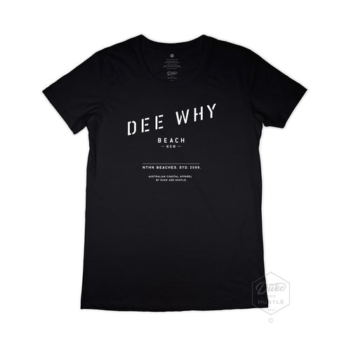 Dee Why Beach Women’s printed T Shirt on Australian Cotton, Black, Front