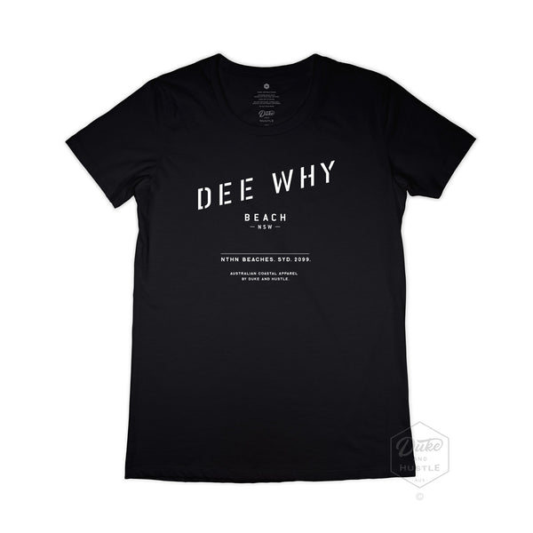 Dee Why Beach Women’s printed T Shirt on Australian Cotton, Black, Front