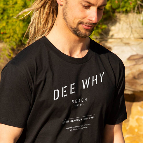 Men’s Dee Why Beach T Shirt, Black, Front, on Model, Close Up
