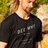Men’s Dee Why Beach T Shirt, Black, Front, on Model, Close Up
