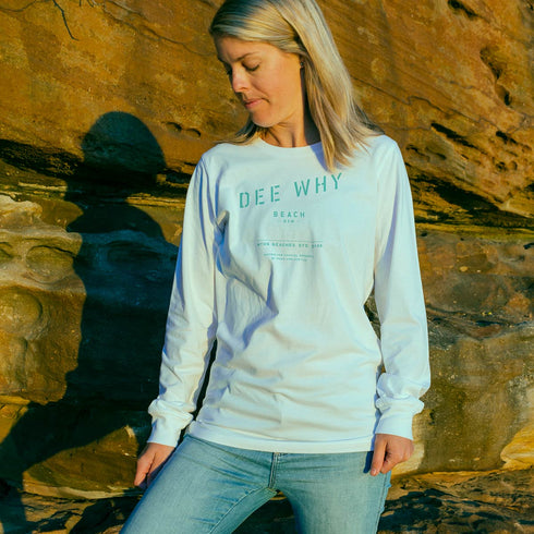 Men’s Dee Why Beach T Shirt, White, Front, women’s Model