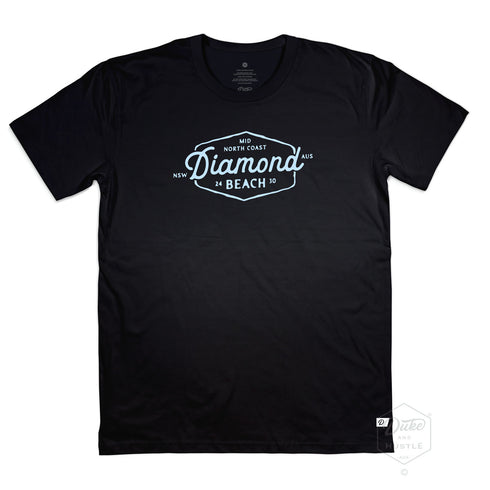 Diamond Beach #01 Men’s Graphic T Shirt, Black with ice blue print, Front