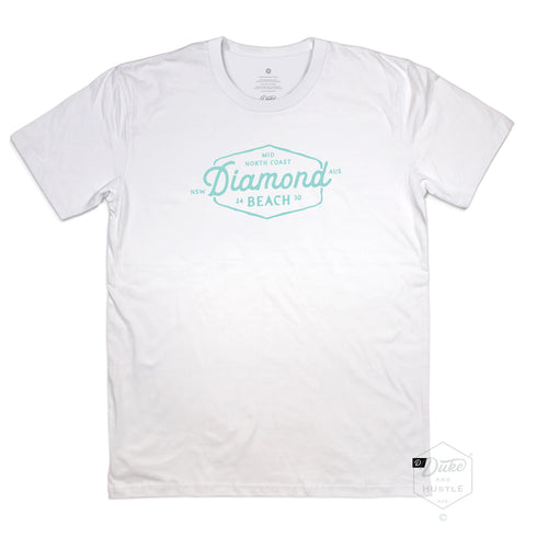 Diamond Beach #01 Men’s Graphic T Shirt, White with seafoam print, front