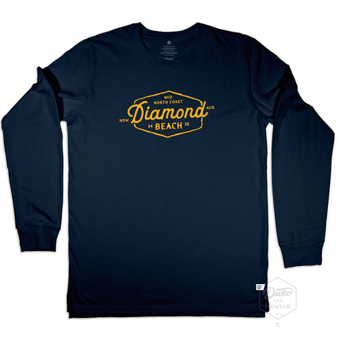 Diamond Beach Unisex Long Sleeve Graphic T Shirt, Navy with dark yellow print, Front