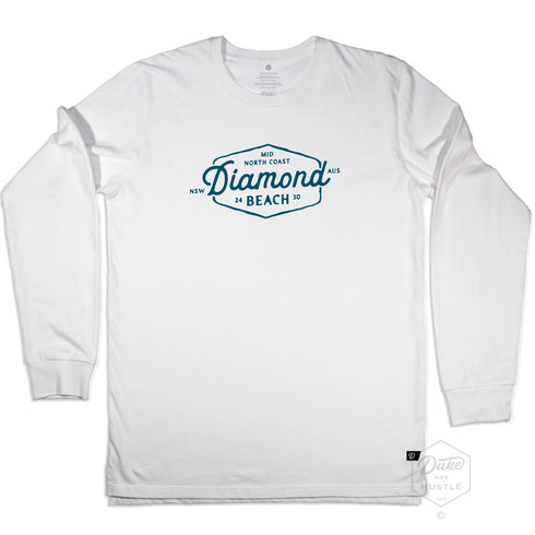 Diamond Beach Unisex Long Sleeve Graphic T Shirt, White with indigo print, Front