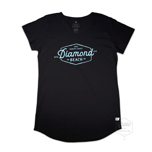 Diamond Beach Women's Long Curved Graphic T Shirt, Black with ice blue print, Front