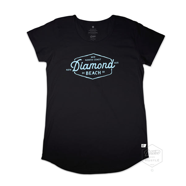 Diamond Beach Women's Long Curved Graphic T Shirt, Black with ice blue print, Front