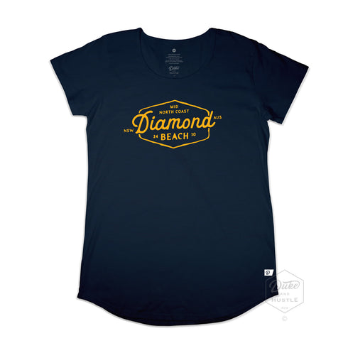 Diamond Beach Women's Long Curved Graphic T Shirt, Navy with dark yellow print, Front
