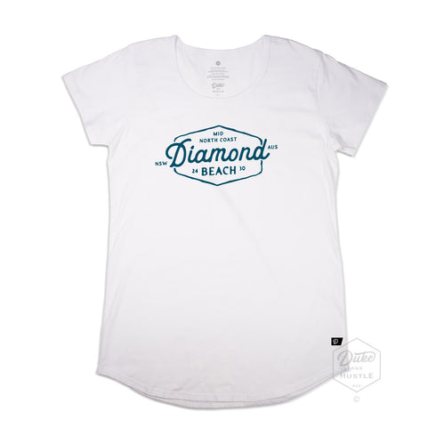 Diamond Beach Women's Long Curved Graphic T Shirt, White with indigo print, Front