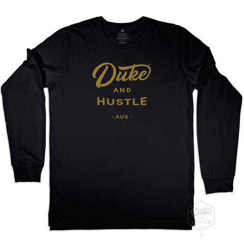 Unisex Duke and Hustle Gold Logo Long Sleeve Tee on Australian Cotton, Black, Front