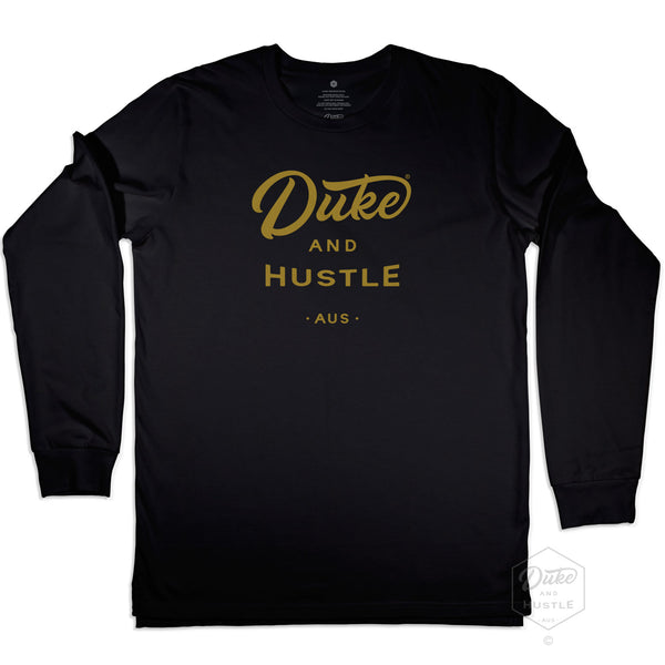 Unisex Duke and Hustle Gold Logo Long Sleeve Tee on Australian Cotton, Black, Front