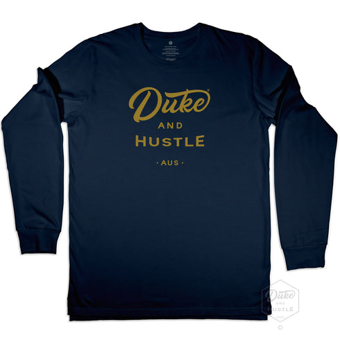 Unisex Duke and Hustle Gold Logo Long Sleeve Tee on Australian Cotton, Navy, Front
